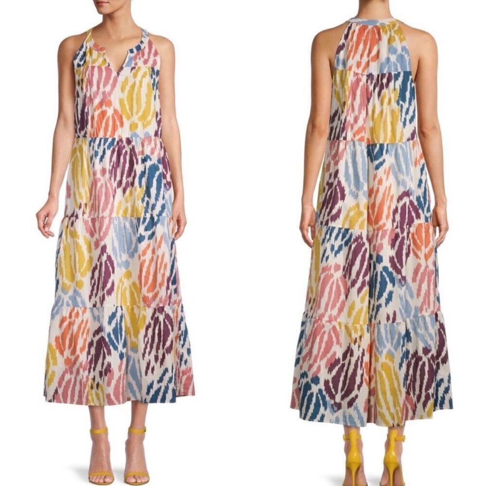 T‎ Tahari Multi Color Cotton Tiered Midi Dress Medium